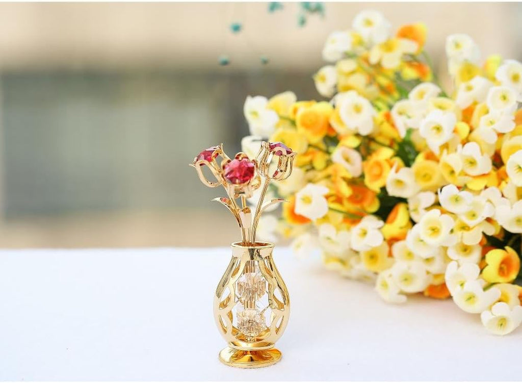 24K Gold Plated Flower Vase Ornament with Red & Clear Crystals