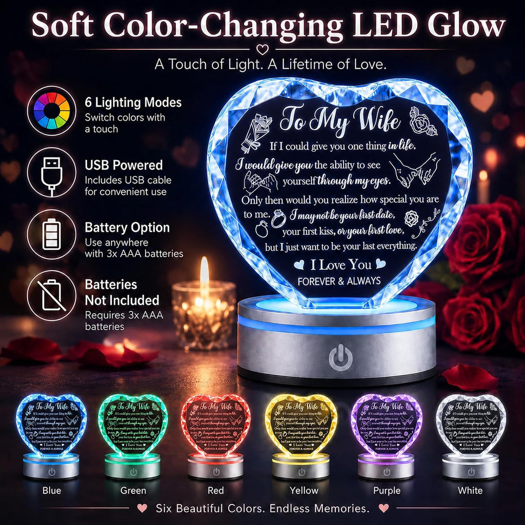 Crystal Heart LED Night Light Gift for Wife, Romantic Keepsake
