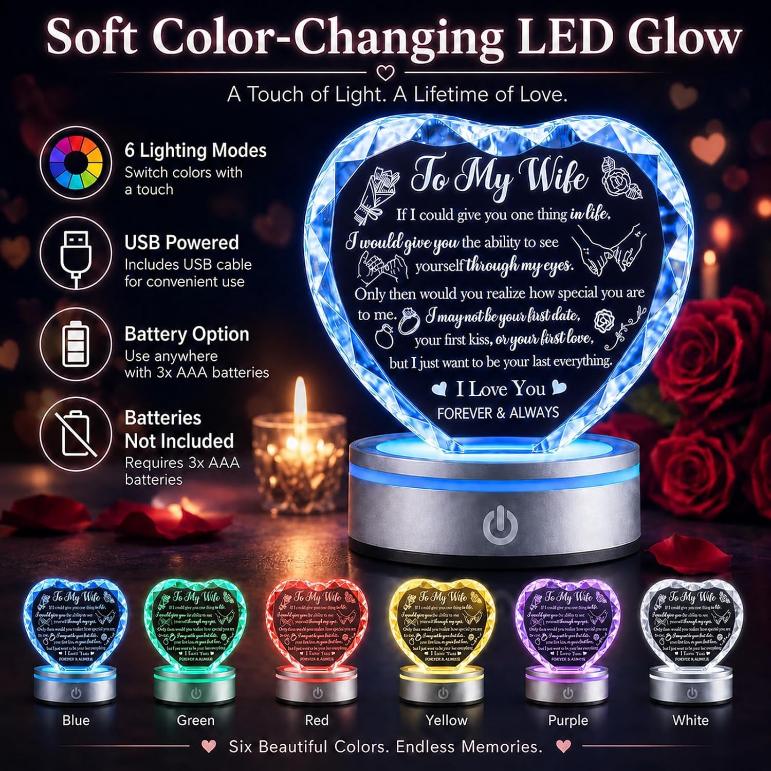 Crystal Heart LED Night Light Gift for Wife, Romantic Keepsake
