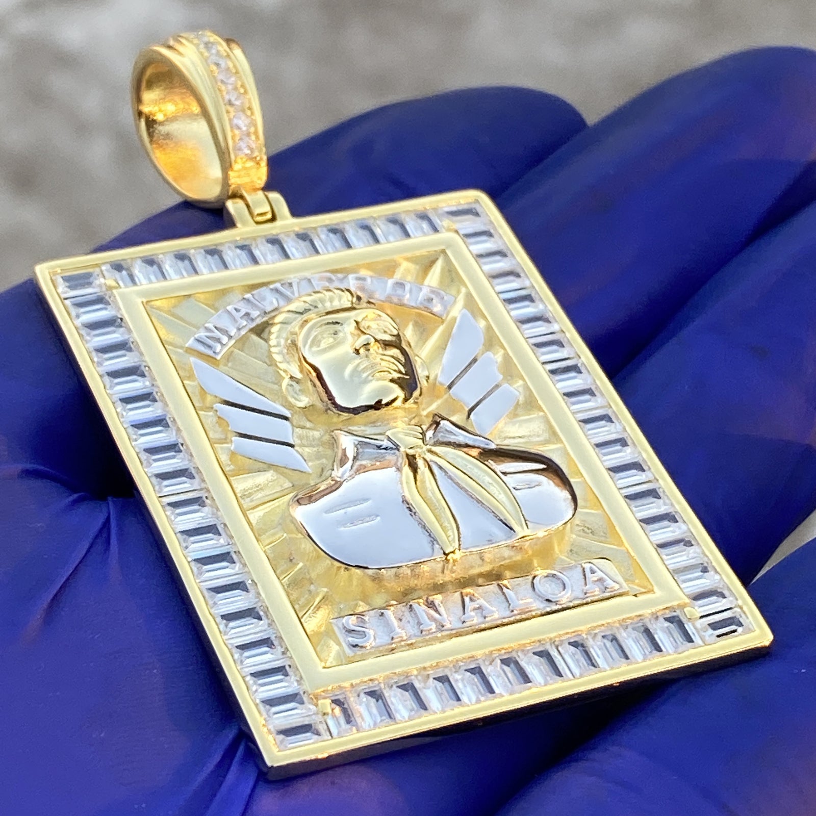 14K Gold Plated 925 Sterling Silver Jesus Malverde Pendant CZ Medalla Big 2.75"