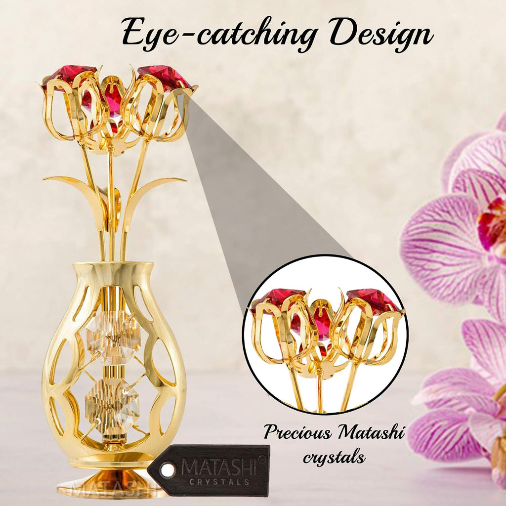 24K Gold Plated Flower Vase Ornament with Red & Clear Crystals