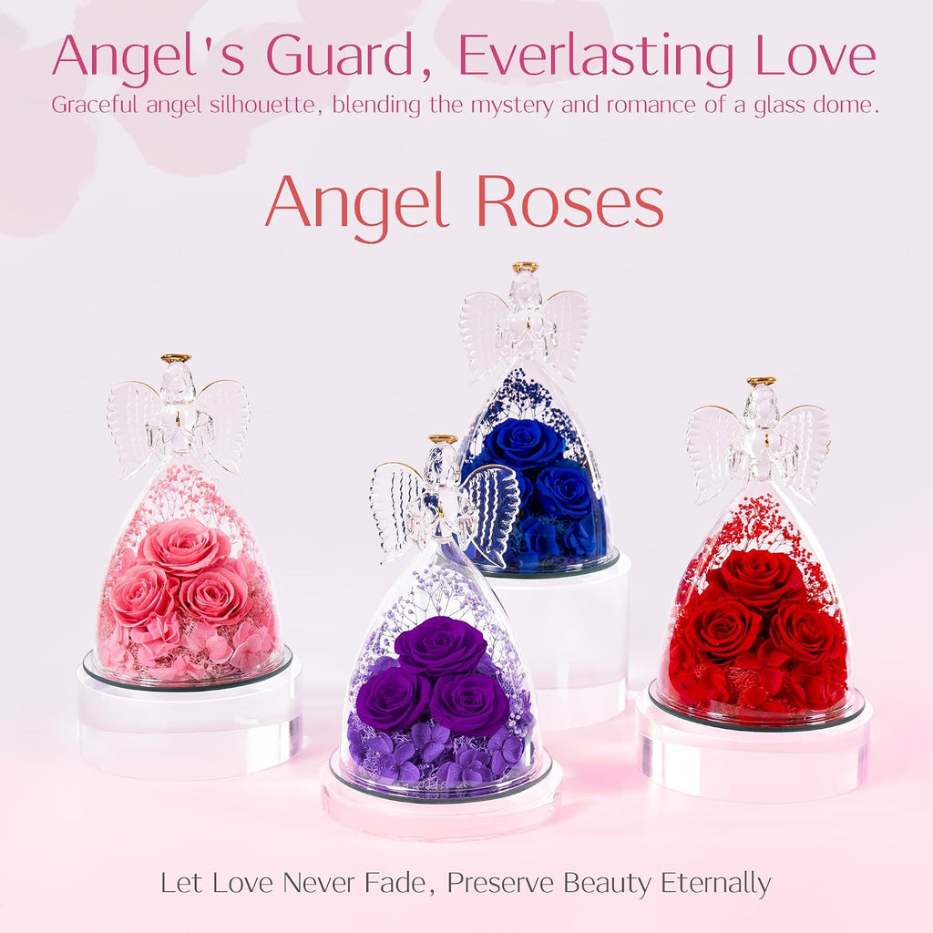 Birthday Gifts for Wife and Girlfriend, Red Preserved Roses in Glass Angel Figurine, Romantic Birthday Gift for Her, Unique Love Keepsake