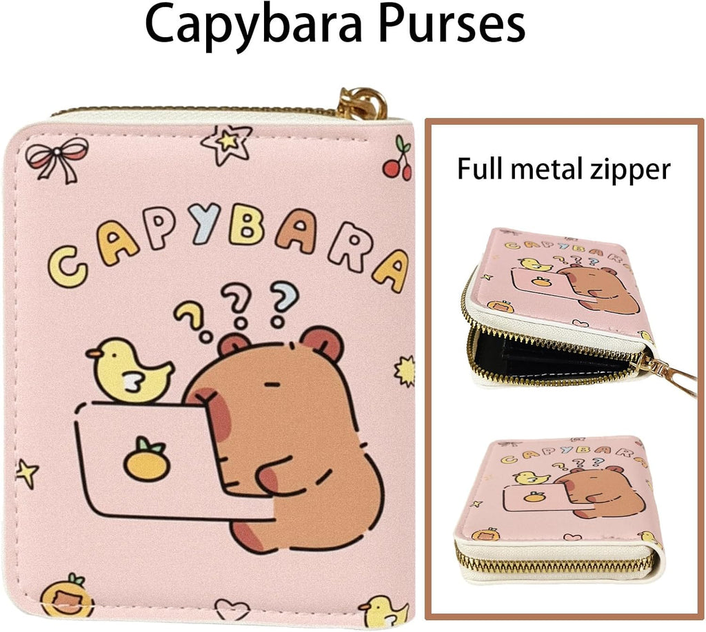 Small Cute Pink Capybara Wallet,Pu Leather Coin Purse with Zipper Pocket