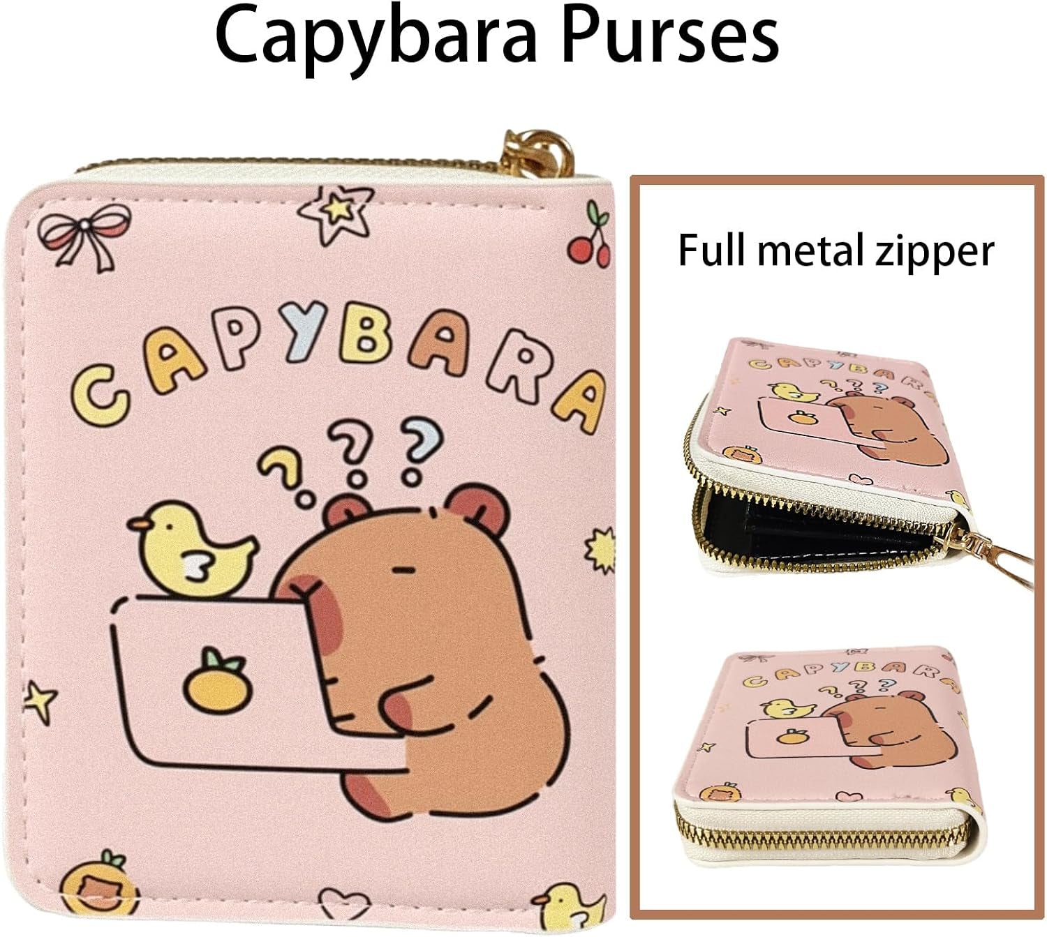 Small Cute Pink Capybara Wallet,Pu Leather Coin Purse with Zipper Pocket