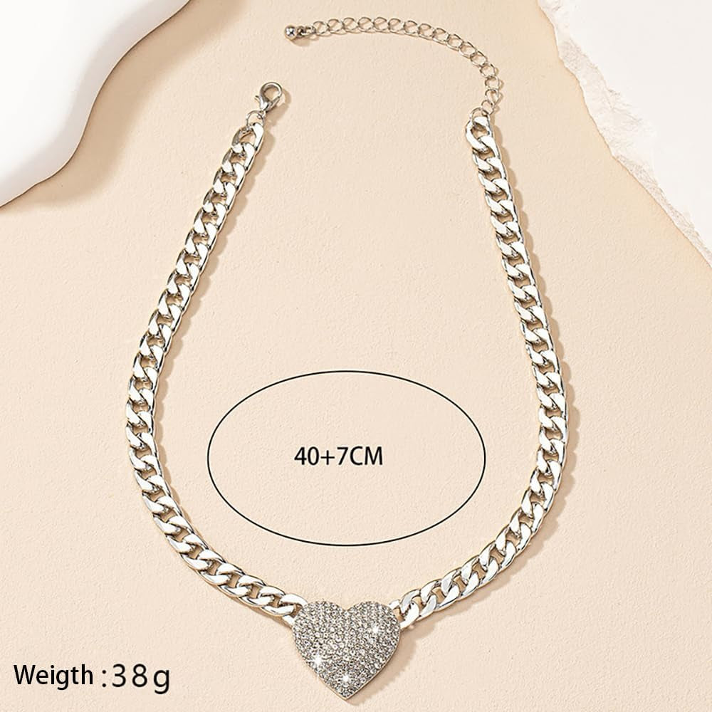 Rhinestone Heart Necklace for Women Gold Silver Heart Pendant Choker Necklace Cuban Link Chain Love Heart Chunky Necklace Zircon Heart Statement Necklace