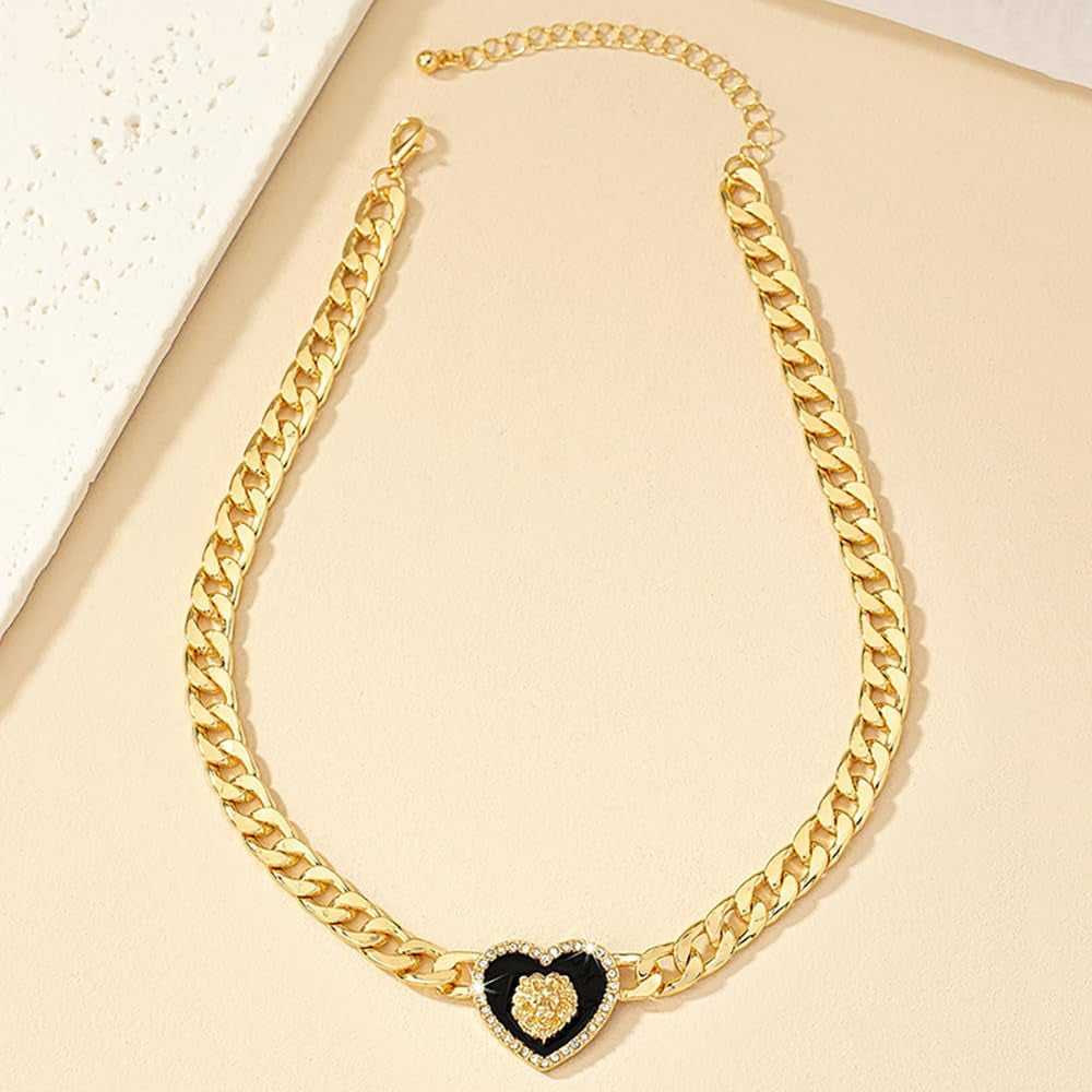 Rhinestone Heart Necklace for Women Gold Silver Heart Pendant Choker Necklace Cuban Link Chain Love Heart Chunky Necklace Zircon Heart Statement Necklace