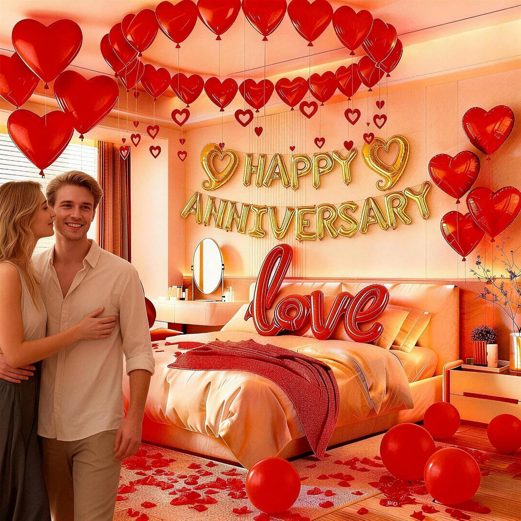 Happy Anniversary Decorations Romantic, Happy Anniversary Sign Banner, Valentines Decorations Party Home Bed Room, Romantic Decorations Special Night, Red Heart Balloons, Happy Anniversary Balloons