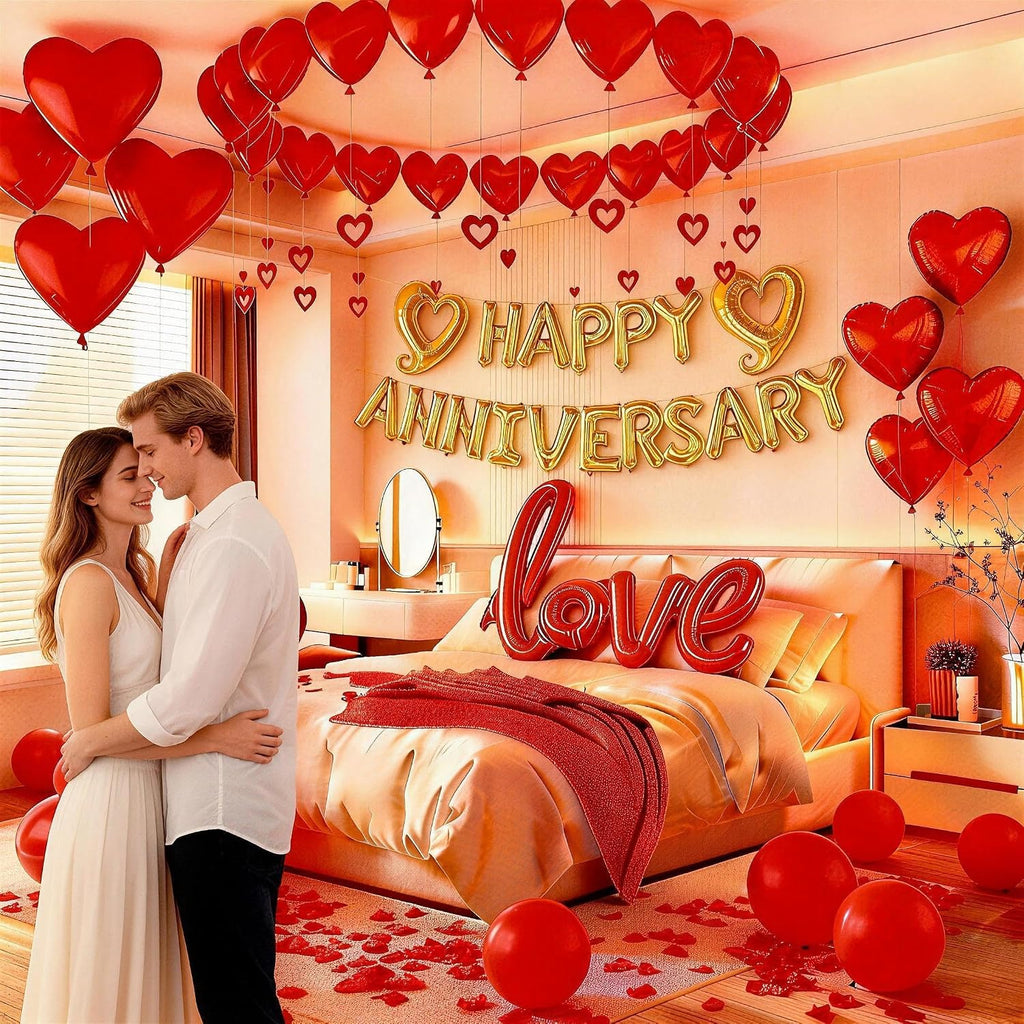 Happy Anniversary Decorations Romantic, Happy Anniversary Sign Banner, Valentines Decorations Party Home Bed Room, Romantic Decorations Special Night, Red Heart Balloons, Happy Anniversary Balloons
