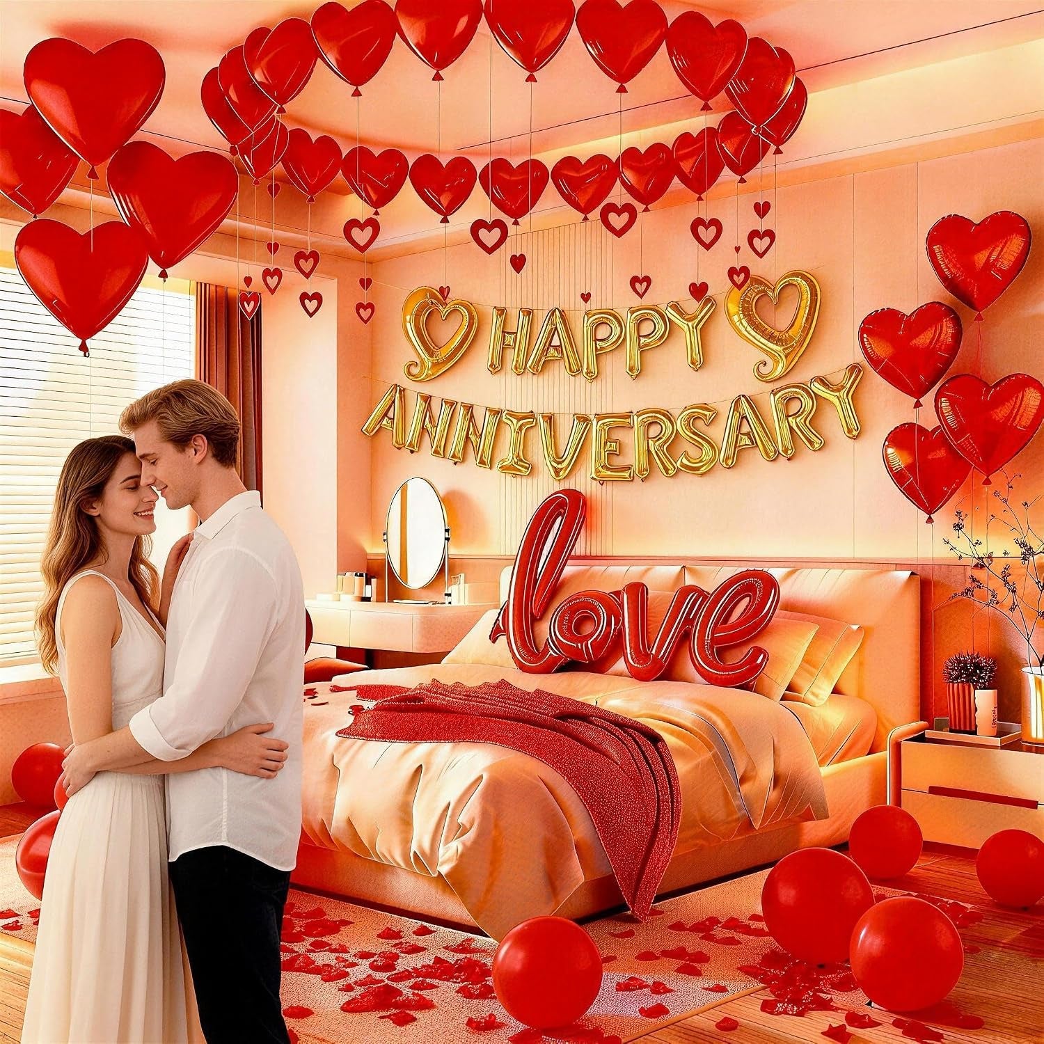 Happy Anniversary Decorations Romantic, Happy Anniversary Sign Banner, Valentines Decorations Party Home Bed Room, Romantic Decorations Special Night, Red Heart Balloons, Happy Anniversary Balloons