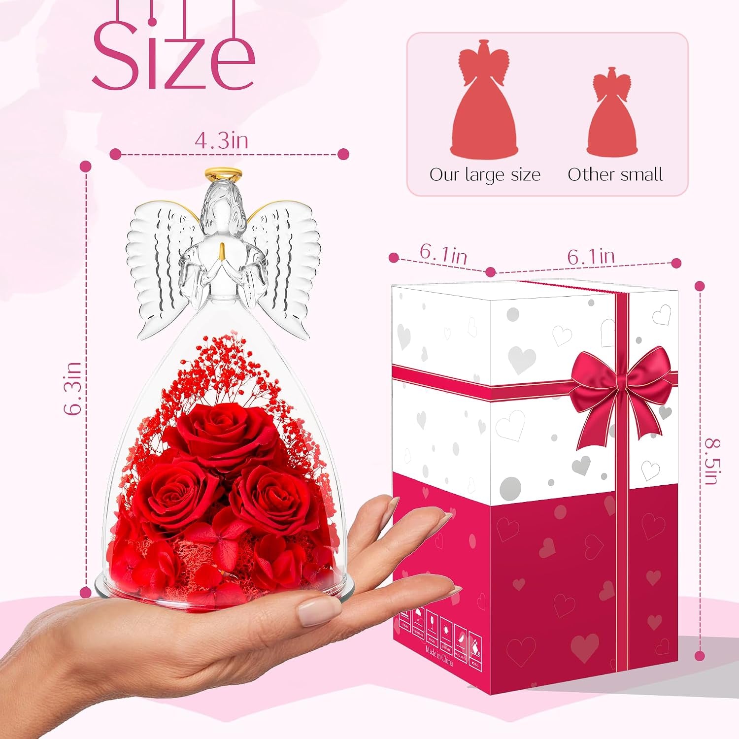 Birthday Gifts for Wife and Girlfriend, Red Preserved Roses in Glass Angel Figurine, Romantic Birthday Gift for Her, Unique Love Keepsake