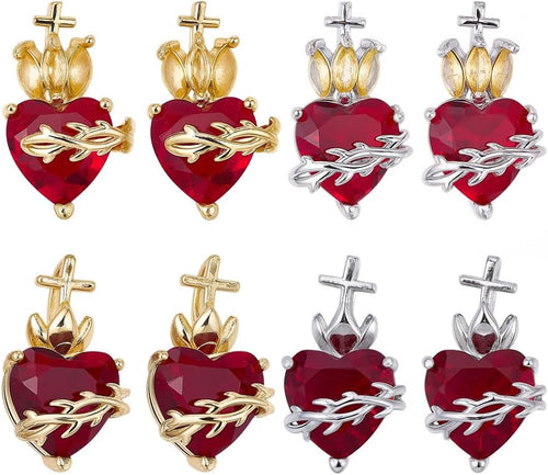 1 Box 8Pcs Real 18K Gold Plated Sacred Heart Charms Silver Heart Rhinestone Charm Valentine'S Day Gothic Heart Pendants for Jewelry Making Necklace Bracelet Earrings Women DIY Crafts