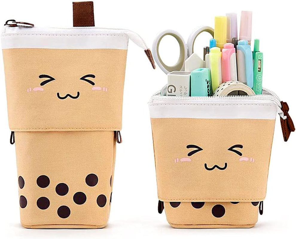 Cute Standing Pencil Case Pen Holder for Kids, Pop up Stand up Bubble Tea Pen Organizer Kawaii Stationary for Christmas Holiday New Year Office (Brown)
