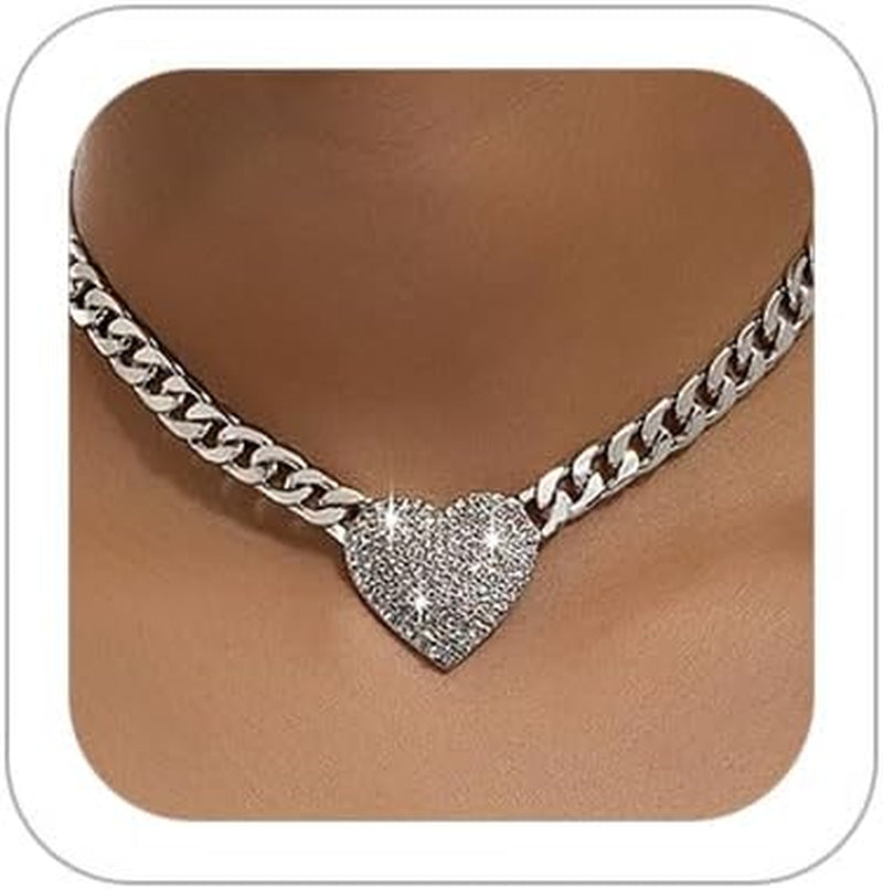 Rhinestone Heart Necklace for Women Gold Silver Heart Pendant Choker Necklace Cuban Link Chain Love Heart Chunky Necklace Zircon Heart Statement Necklace