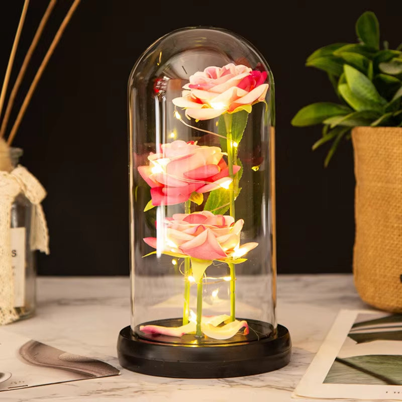 Everlasting Rose LED Glass Dome Bouquet Romantic Illuminated Ornament Perfect Valentine'S Day Christmas Home Decor Romantic Gift