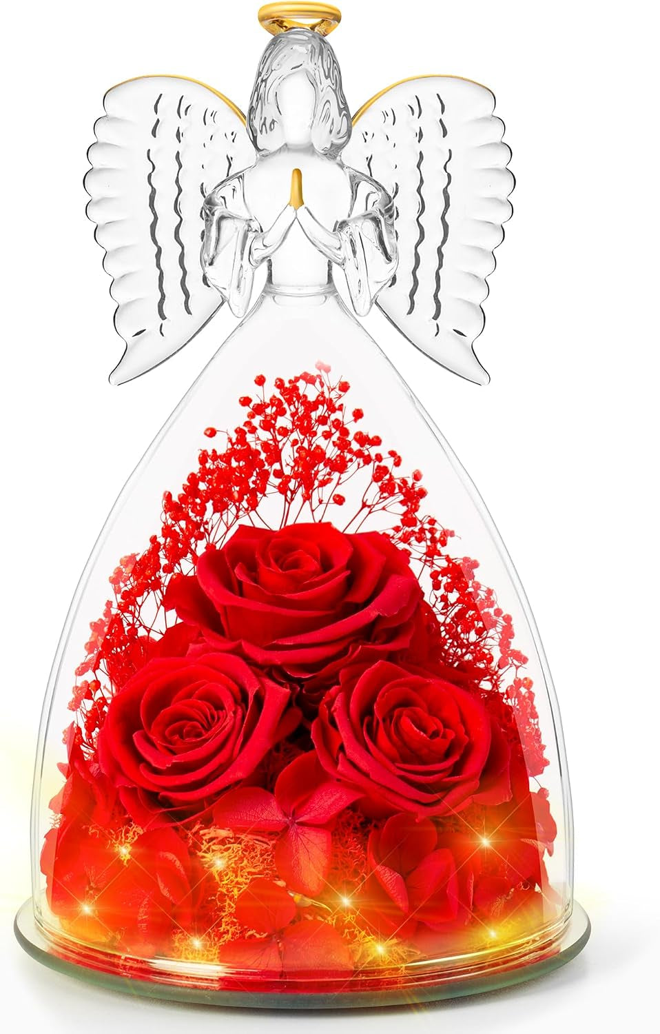 Birthday Gifts for Wife and Girlfriend, Red Preserved Roses in Glass Angel Figurine, Romantic Birthday Gift for Her, Unique Love Keepsake