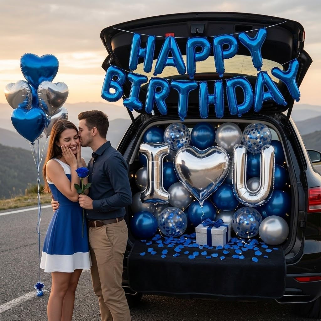 Romantic Birthday Decorations for Him I LOVE YOU & HAPPY BIRTHDAY Foil Balloons & Rose Petals,Blue Silver Special Night Decorations, Husband Anniversary Surprise,Bedroom,Men Boyfriend Hotel Decor