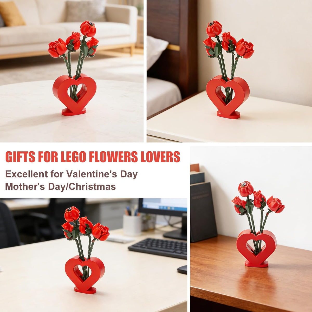 Vase for Lego Flowers 40524 40747 40725 40460,Heart-Shaped Wooden Display Stand for Lego Flower Bouquet Building Set for Lego Roses Cherry Blossom Sunflower Tulips Lotus,Gift for Lego Flowers Lover