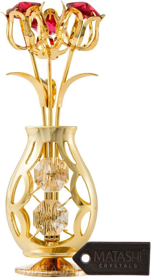 24K Gold Plated Flower Vase Ornament with Red & Clear Crystals