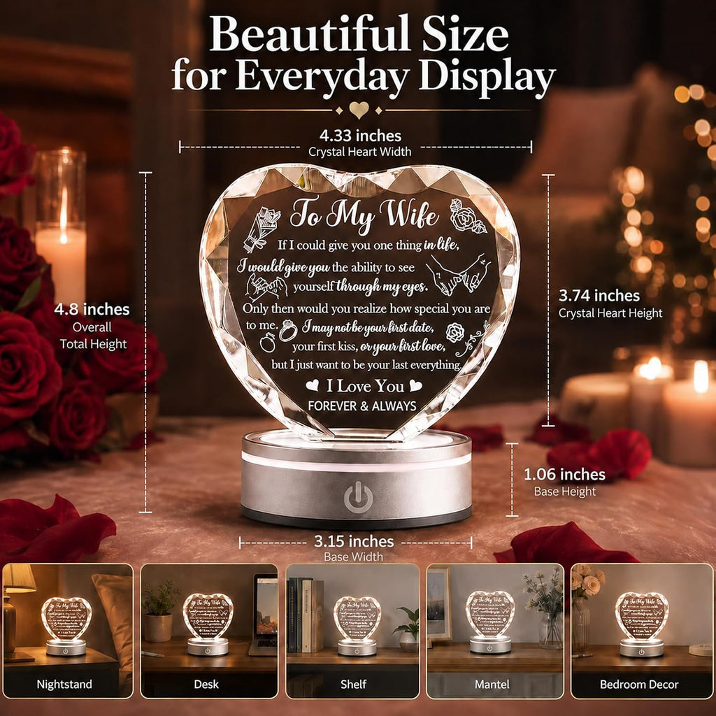 Crystal Heart LED Night Light Gift for Wife, Romantic Keepsake
