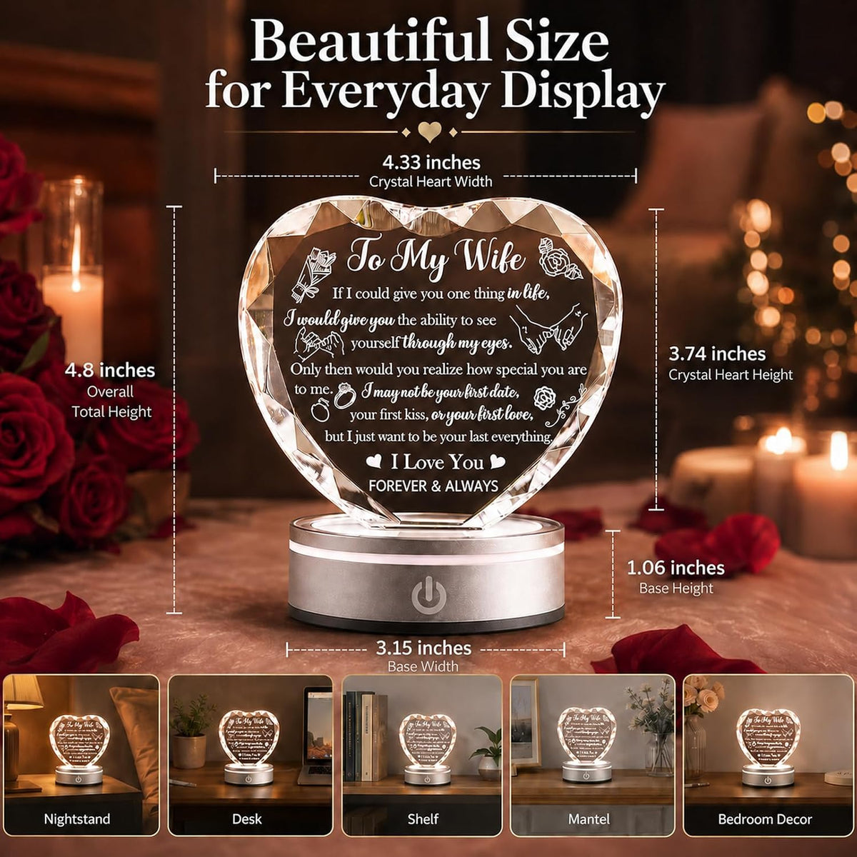 Crystal Heart LED Night Light Gift for Wife, Romantic Keepsake