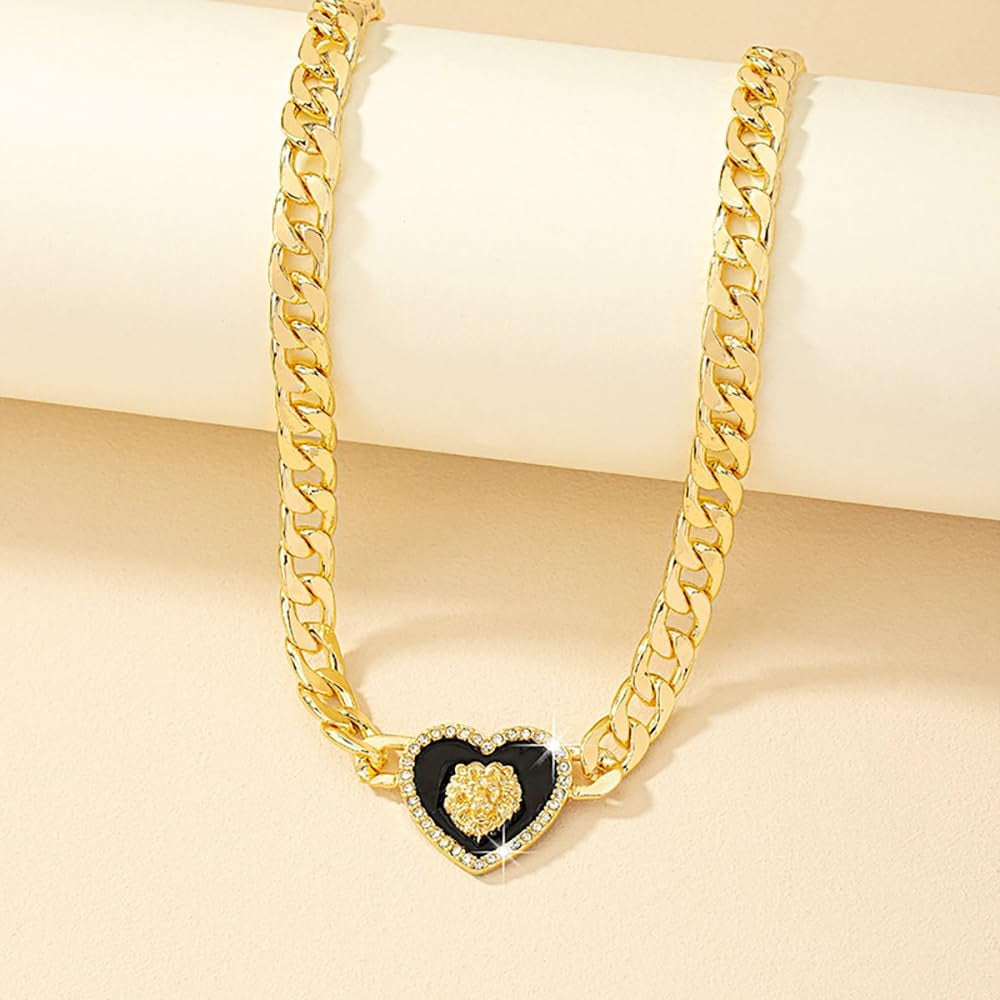 Rhinestone Heart Necklace for Women Gold Silver Heart Pendant Choker Necklace Cuban Link Chain Love Heart Chunky Necklace Zircon Heart Statement Necklace