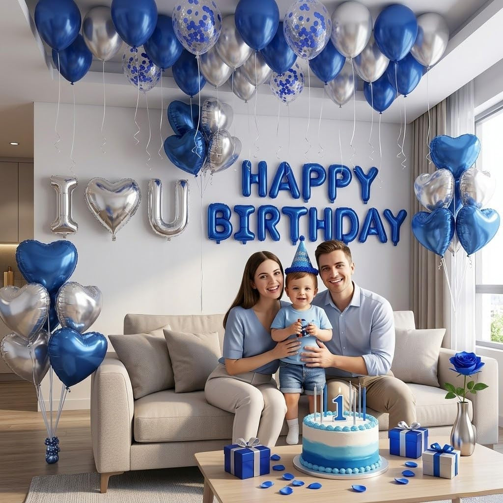 Romantic Birthday Decorations for Him I LOVE YOU & HAPPY BIRTHDAY Foil Balloons & Rose Petals,Blue Silver Special Night Decorations, Husband Anniversary Surprise,Bedroom,Men Boyfriend Hotel Decor