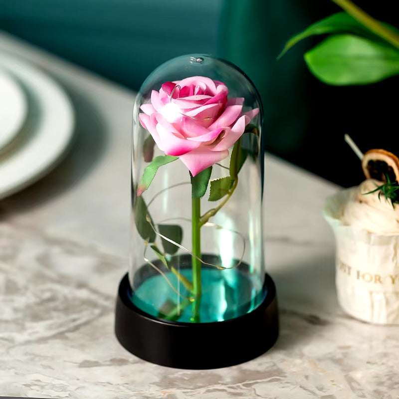 Everlasting Rose LED Glass Dome Bouquet Romantic Illuminated Ornament Perfect Valentine'S Day Christmas Home Decor Romantic Gift