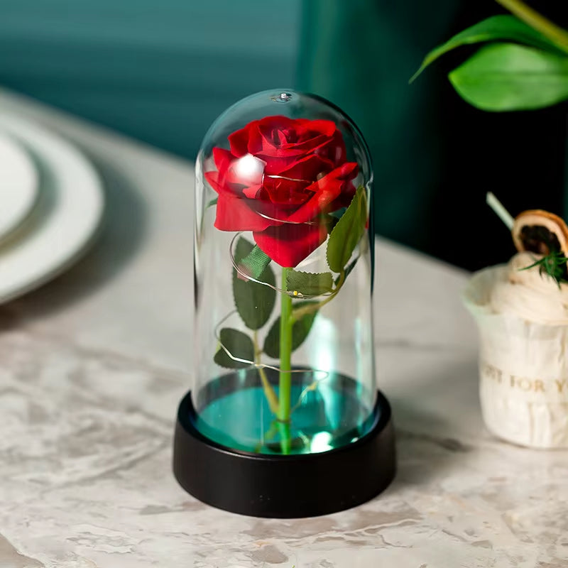 Everlasting Rose LED Glass Dome Bouquet Romantic Illuminated Ornament Perfect Valentine'S Day Christmas Home Decor Romantic Gift