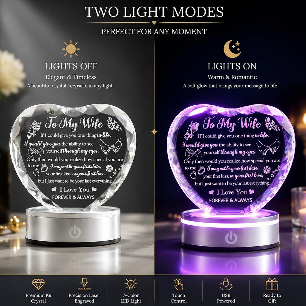 Crystal Heart LED Night Light Gift for Wife, Romantic Keepsake