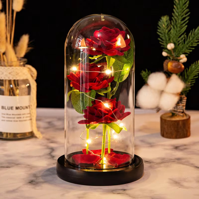 Everlasting Rose LED Glass Dome Bouquet Romantic Illuminated Ornament Perfect Valentine'S Day Christmas Home Decor Romantic Gift