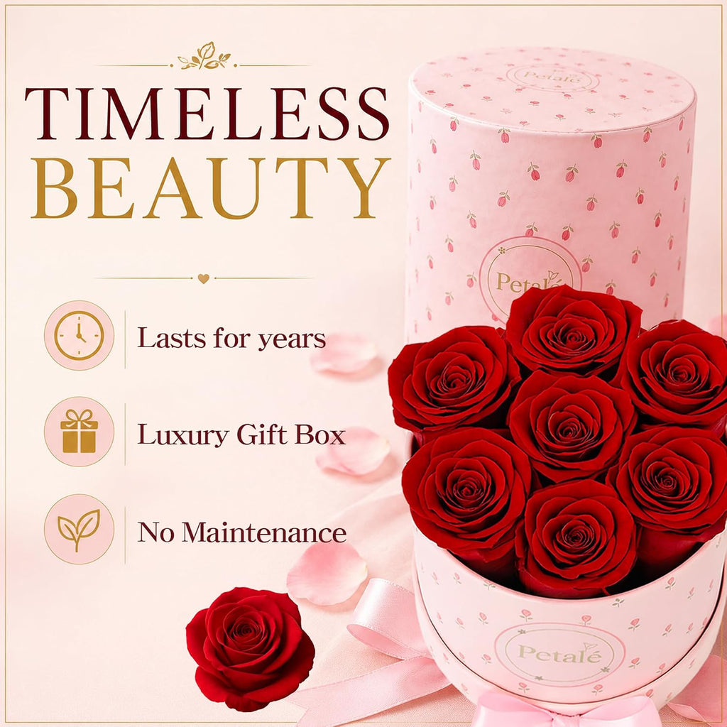 Red Preserved Roses Forever Rose Box, 7 Real Eternal Flowers