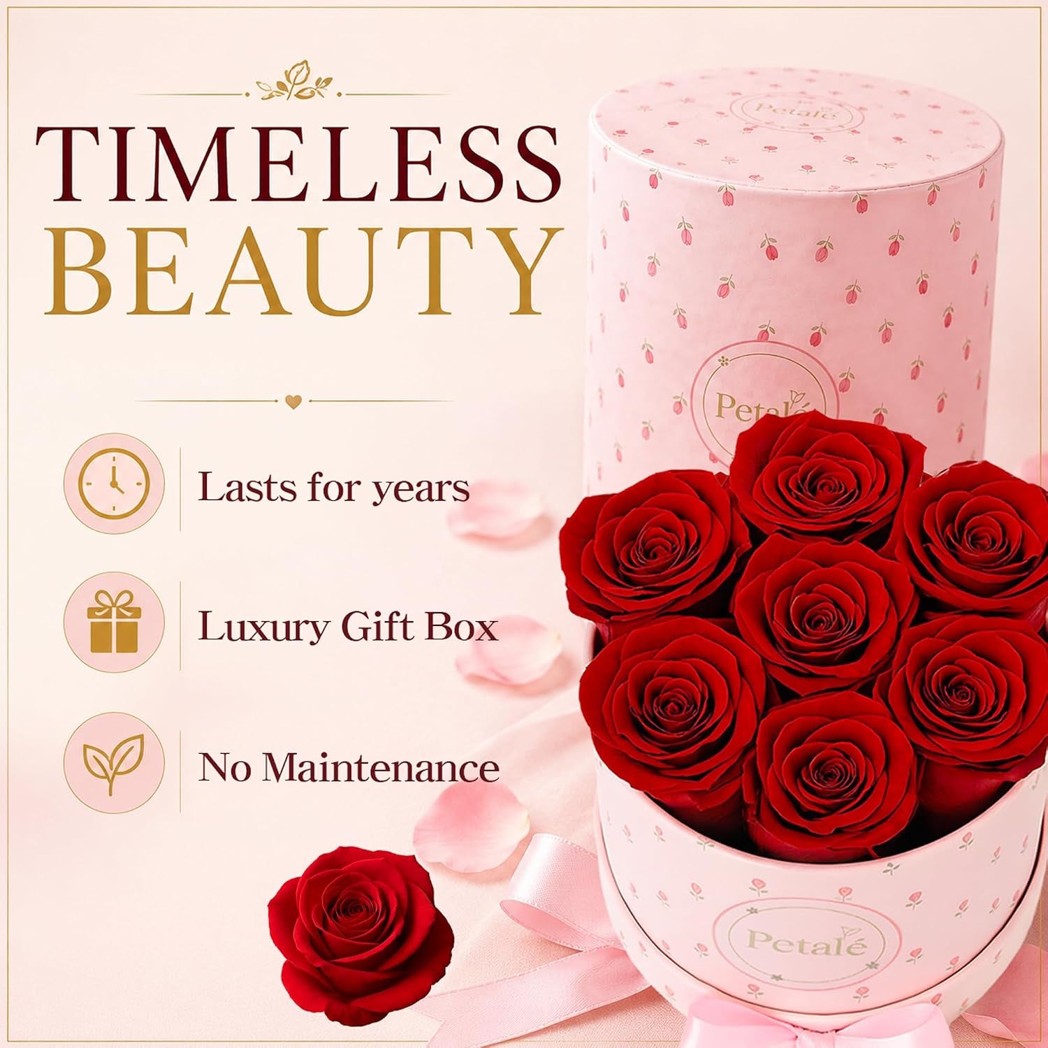 Red Preserved Roses Forever Rose Box, 7 Real Eternal Flowers