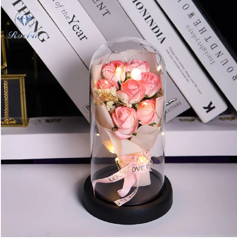Everlasting Rose LED Glass Dome Bouquet Romantic Illuminated Ornament Perfect Valentine'S Day Christmas Home Decor Romantic Gift