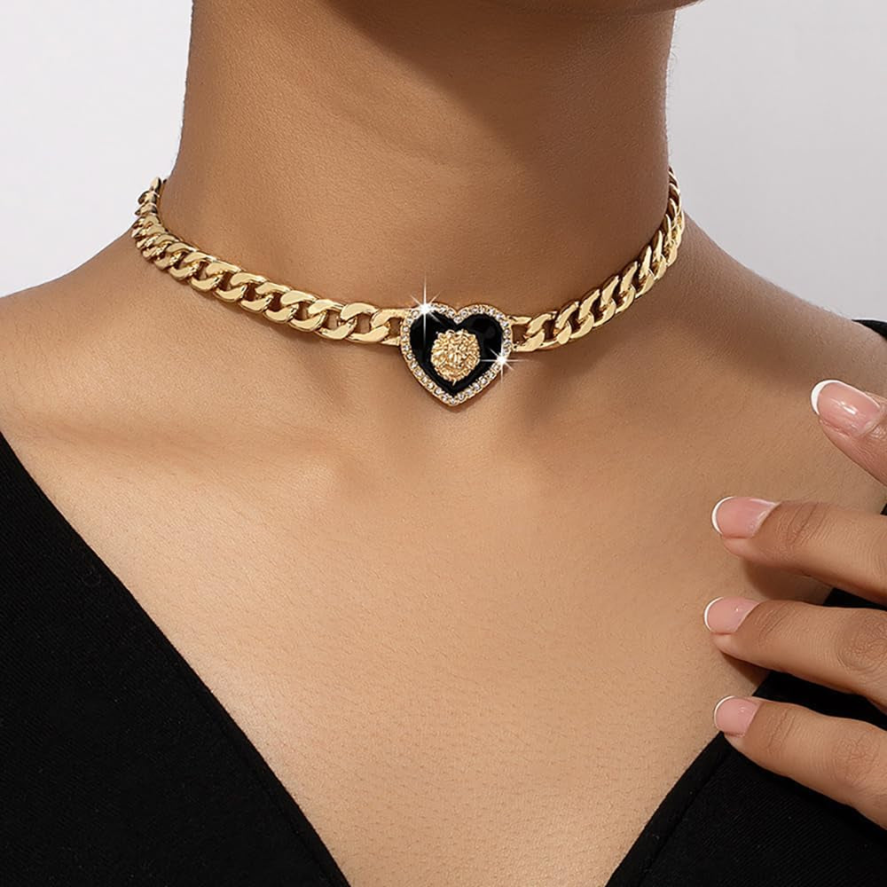 Rhinestone Heart Necklace for Women Gold Silver Heart Pendant Choker Necklace Cuban Link Chain Love Heart Chunky Necklace Zircon Heart Statement Necklace