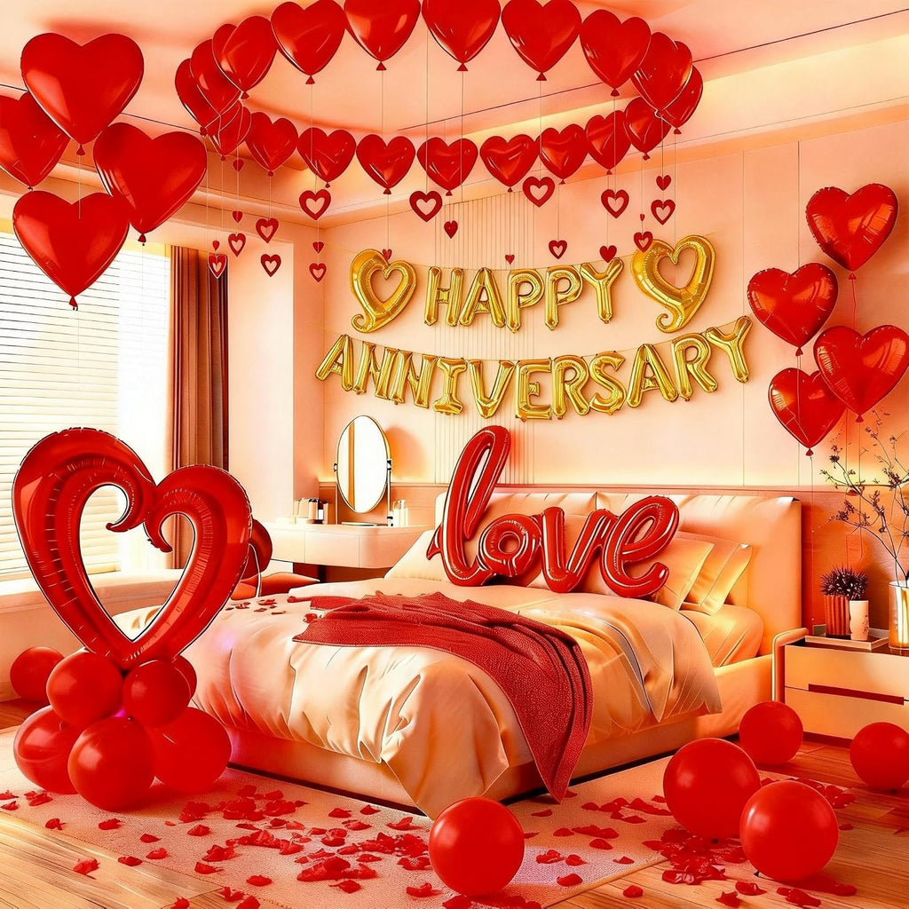 Happy Anniversary Decorations Romantic, Happy Anniversary Sign Banner, Valentines Decorations Party Home Bed Room, Romantic Decorations Special Night, Red Heart Balloons, Happy Anniversary Balloons