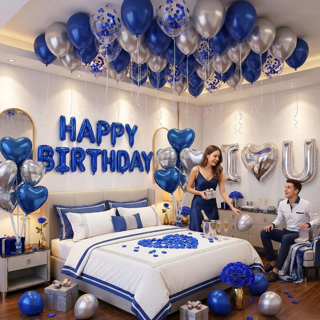 Romantic Birthday Decorations for Him I LOVE YOU & HAPPY BIRTHDAY Foil Balloons & Rose Petals,Blue Silver Special Night Decorations, Husband Anniversary Surprise,Bedroom,Men Boyfriend Hotel Decor