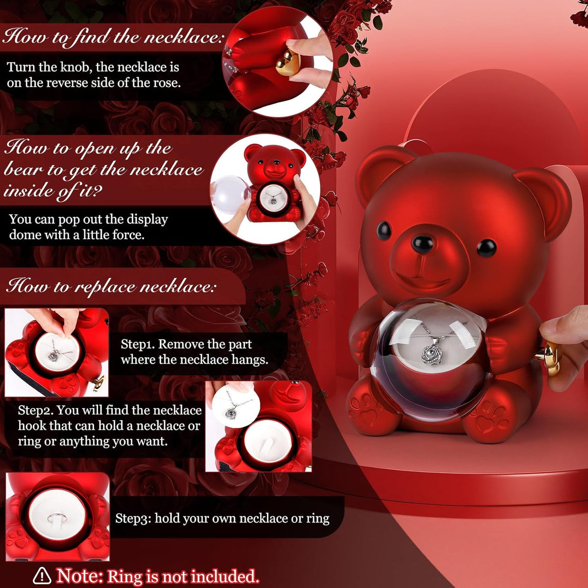 Romantic Rose Bear Teddy with Preserved Rose for Mother'S Day, Bear Gifts for Wife, Rose Bear Gift Box Set Valentine'S Day Decor Gift for Her Women, Valentine'S Day Weddings, Red