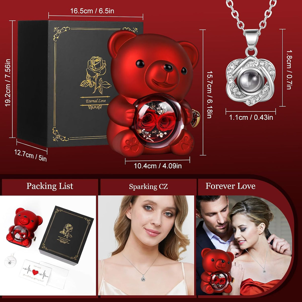 Romantic Rose Bear Teddy with Preserved Rose for Mother'S Day, Bear Gifts for Wife, Rose Bear Gift Box Set Valentine'S Day Decor Gift for Her Women, Valentine'S Day Weddings, Red