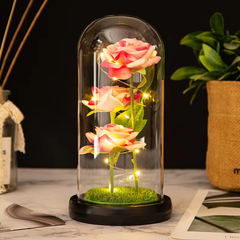 Everlasting Rose LED Glass Dome Bouquet Romantic Illuminated Ornament Perfect Valentine'S Day Christmas Home Decor Romantic Gift