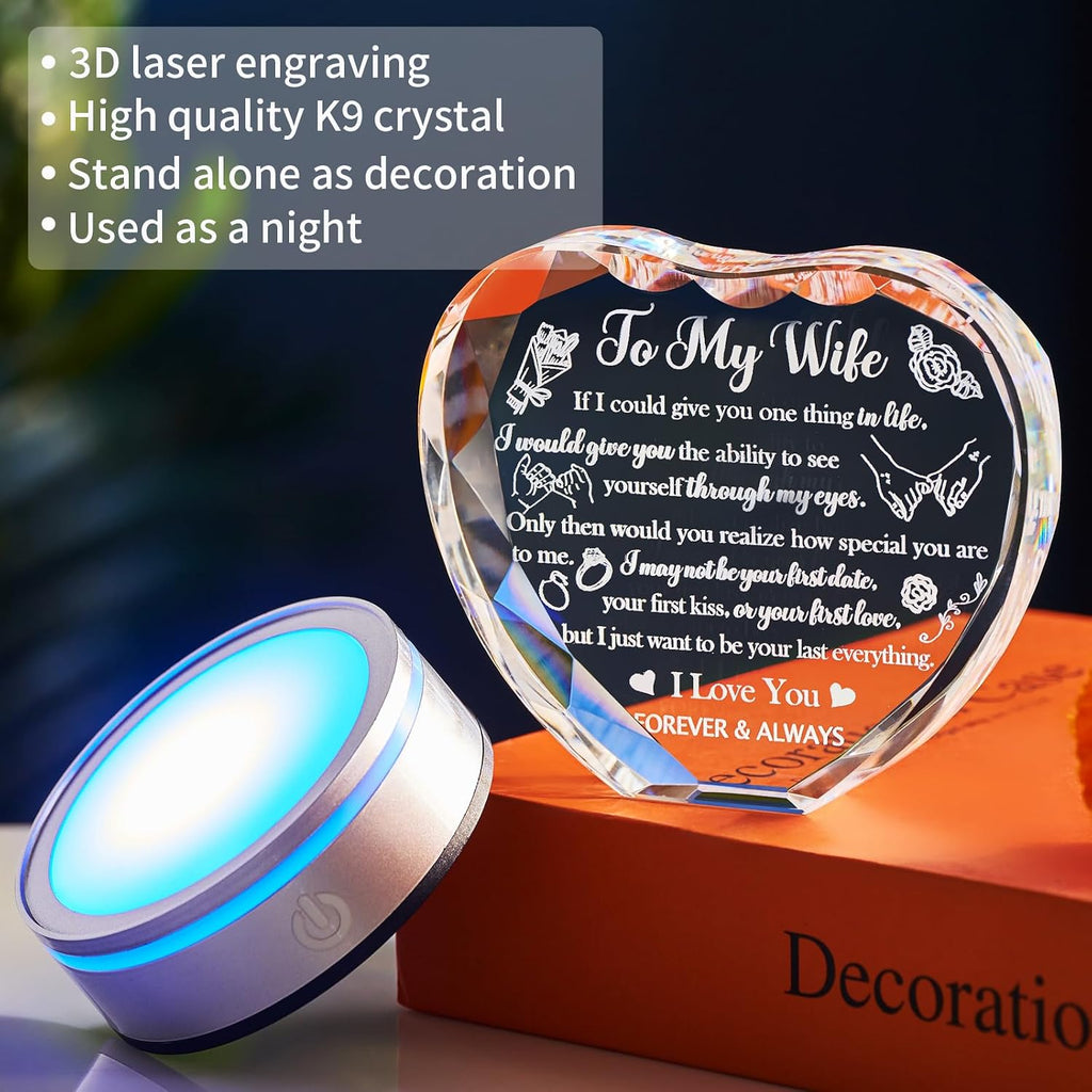Crystal Heart LED Night Light Gift for Wife, Romantic Keepsake