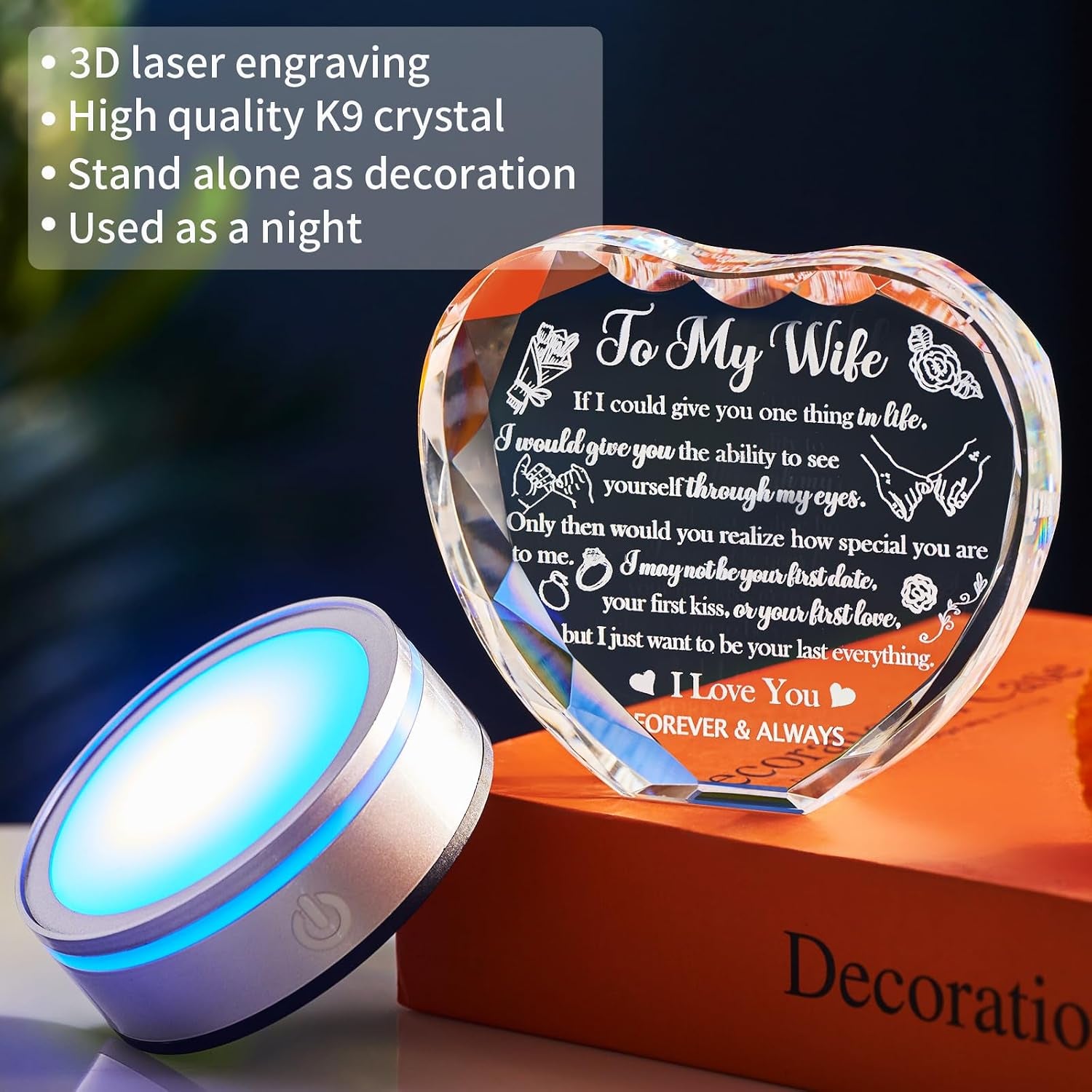 Crystal Heart LED Night Light Gift for Wife, Romantic Keepsake