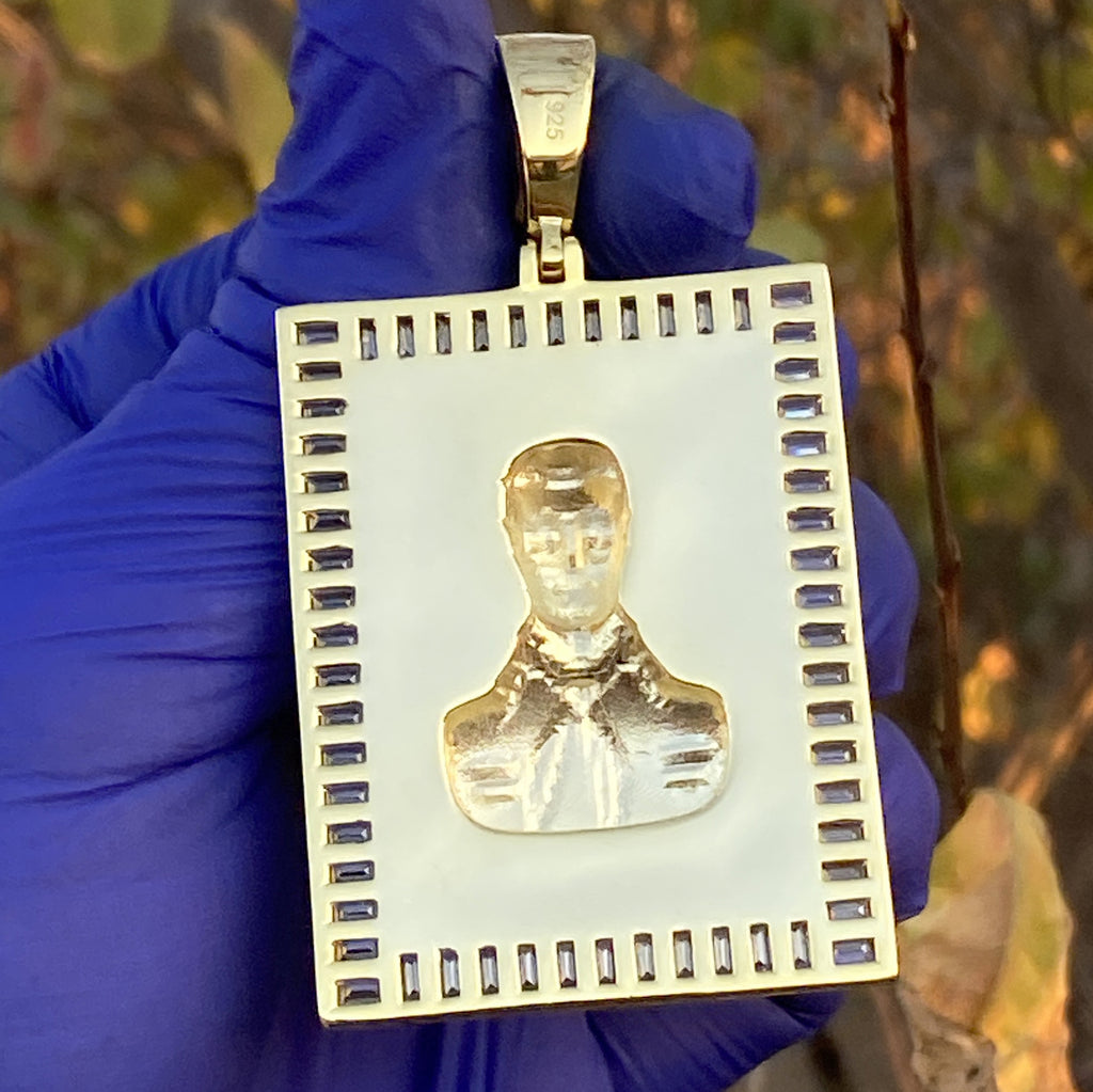 14K Gold Plated 925 Sterling Silver Jesus Malverde Pendant CZ Medalla Big 2.75"
