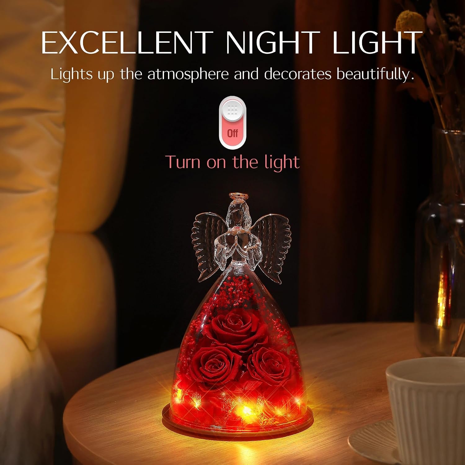 Birthday Gifts for Wife and Girlfriend, Red Preserved Roses in Glass Angel Figurine, Romantic Birthday Gift for Her, Unique Love Keepsake