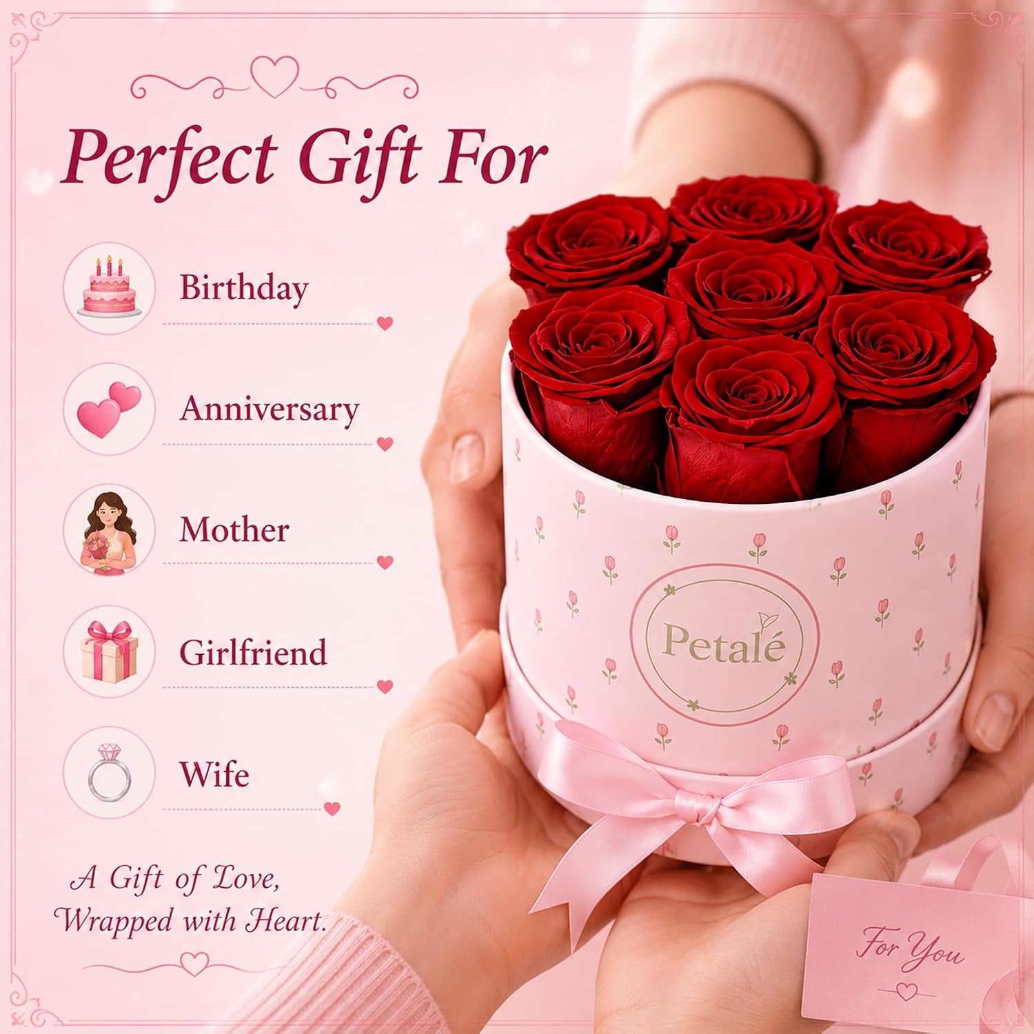 Red Preserved Roses Forever Rose Box, 7 Real Eternal Flowers