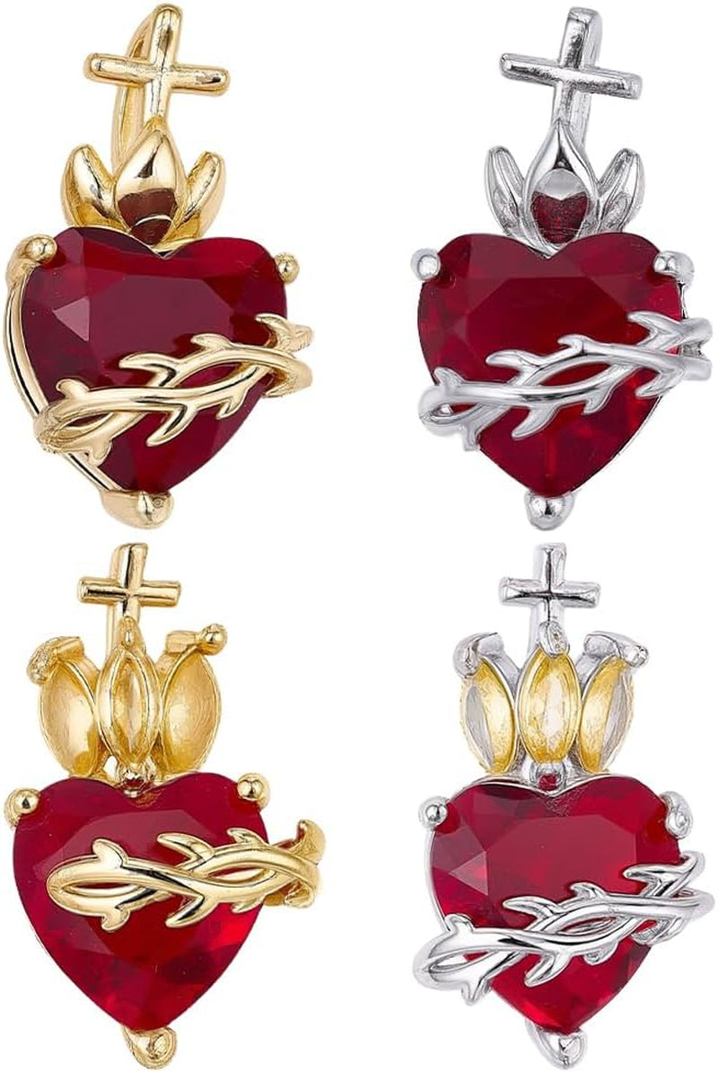 1 Box 8Pcs Real 18K Gold Plated Sacred Heart Charms Silver Heart Rhinestone Charm Valentine'S Day Gothic Heart Pendants for Jewelry Making Necklace Bracelet Earrings Women DIY Crafts