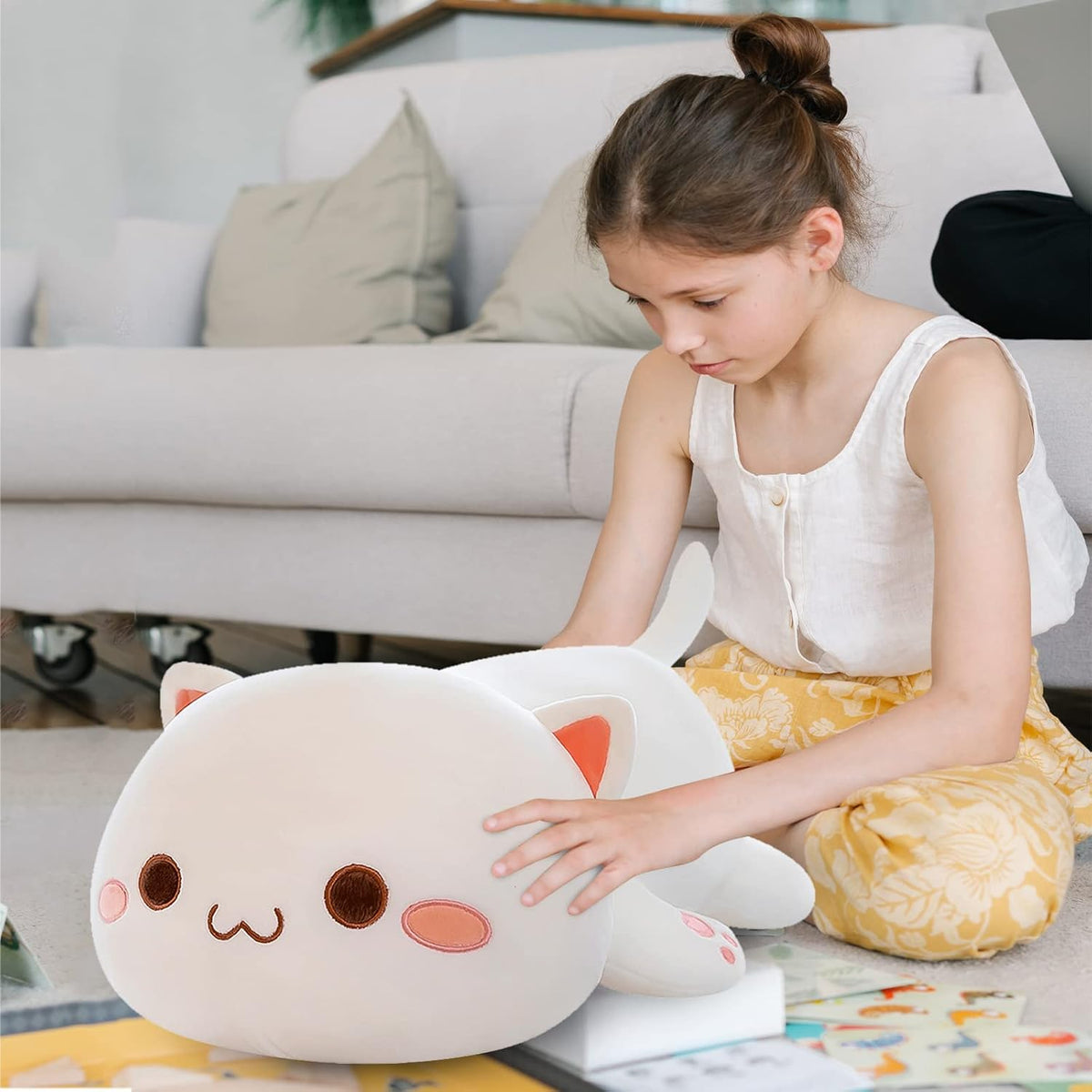Cat Plushie, Soft Stuffed Stuffed Animal Toy Gift(White round Eyes,27In)